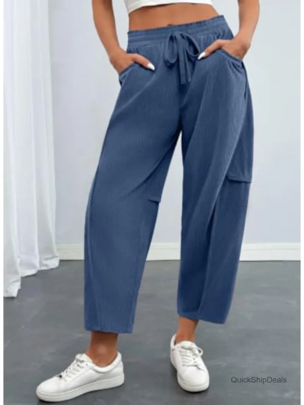 Women's Corduroy Barrel Casual Pants with Drawstring, High Rise Wide Leg Fall
